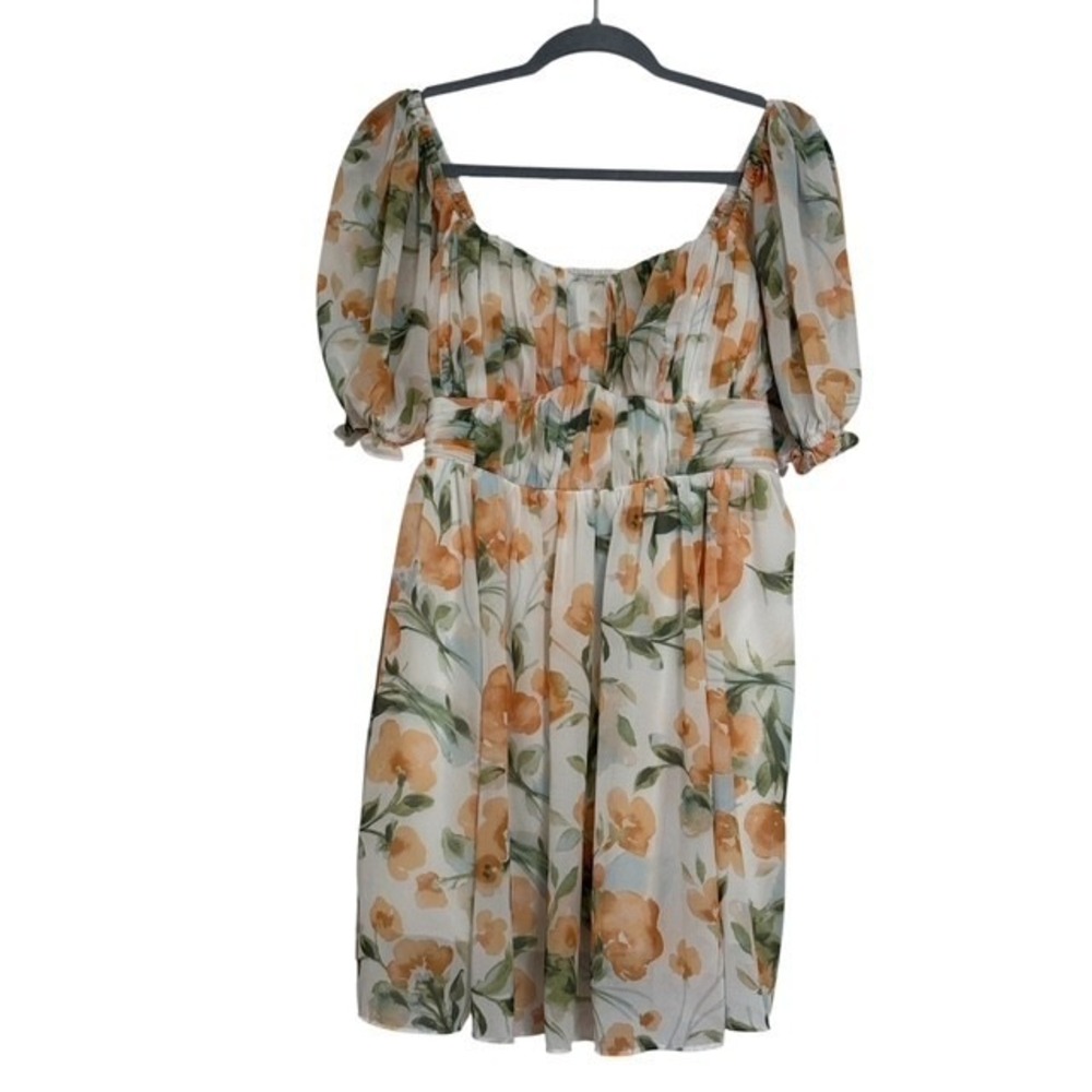 Abercrombie‎ & Fitch Ruched Ruffle  Orange Floral Puff Sleeve Mini Dress Large